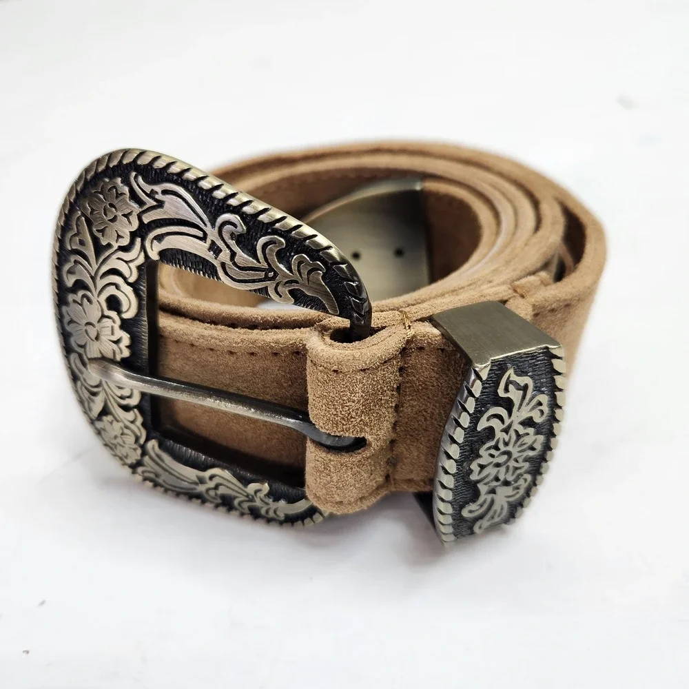 Free People Tan Suede Western Belt Floral Engraved Buckle Tip Brown L/XL